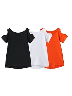 IRELIA 3 Pack Girls Crew Neck Tee Short Sleeve Shirts with Cold Shoulder