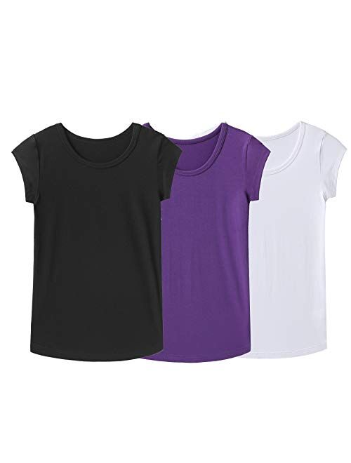 IRELIA 3 Pack Girls Crew Neck Tee Short Sleeve Shirts with Cold Shoulder