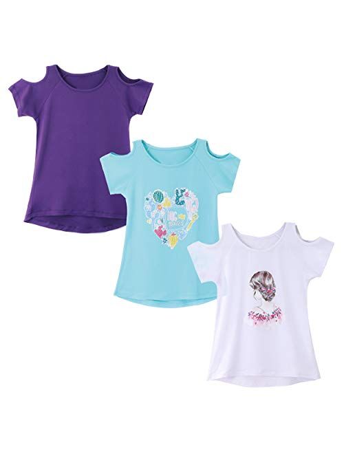 IRELIA 3 Pack Girls Crew Neck Tee Short Sleeve Shirts with Cold Shoulder