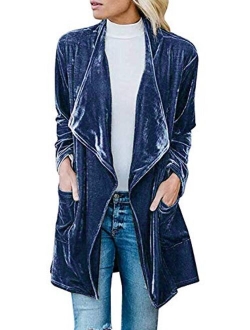 futurino Women's Solid Long Sleeve Velvet Jacket Open Front Cardigan Coat with Pockets Outerwear