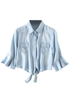 Omoone Women's 3/4 Sleeve Denim Crop Top Tie Knot Shirt Cardigan