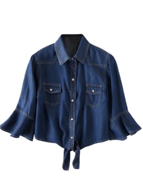 Omoone Women's 3/4 Sleeve Denim Crop Top Tie Knot Shirt Cardigan