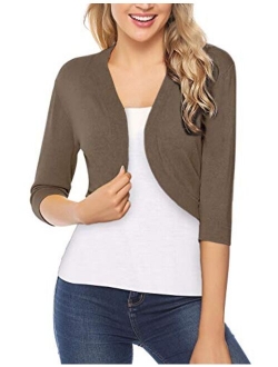 Women Open Front Cardigan 3/4 Sleeve Cropped Bolero Shrug Cardigan Sweater