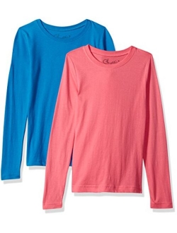 Clementine Apparel Girls 2 Pack Long Sleeve T Shirts Easy Tag Comfort Crew Neck Soft Cotton Blend Undershirts (3711)