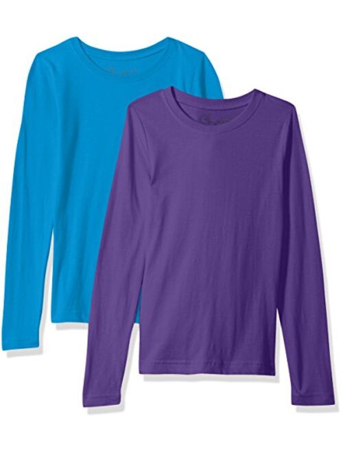 Clementine Apparel Girls 2 Pack Long Sleeve T Shirts Easy Tag Comfort Crew Neck Soft Cotton Blend Undershirts (3711)