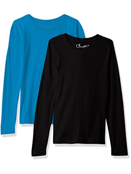 Clementine Apparel Girls 2 Pack Long Sleeve T Shirts Easy Tag Comfort Crew Neck Soft Cotton Blend Undershirts (3711)