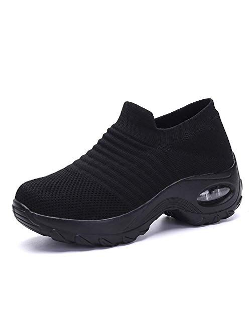 suonabeier Womens Comfortable Walking Shoes Breathable Mesh Slip On Air Cushion Tennis Sock Sneakers Casual Running Shoes Wedge Platform Loafers