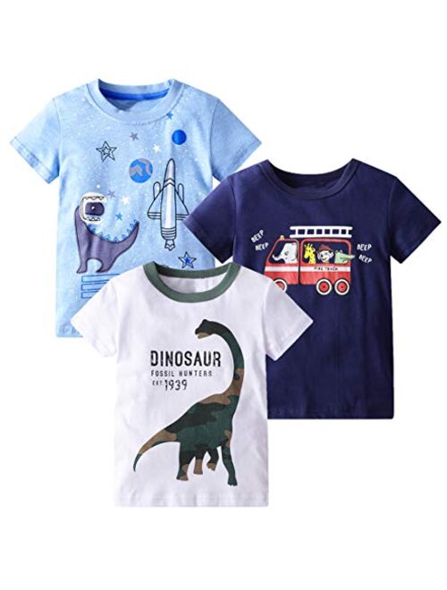 HILEELANG Toddler Boy Girl T Shirts Crewneck Tee Short Sleeve Dinosaur Giraffe Car Top Tee 3 Pack