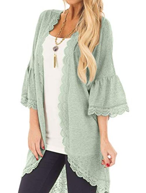 Spadehill Womens 3/4 Bell Sleeve Kimono Cardigan with Sheer Lace Details