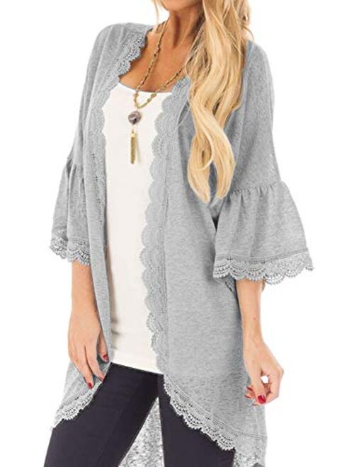 Spadehill Womens 3/4 Bell Sleeve Kimono Cardigan with Sheer Lace Details