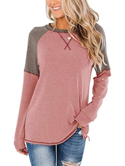 Magritta Women's Casual Color Block Tops Crew Neck Sweater Long Sleeve Tunic Loose Blouses