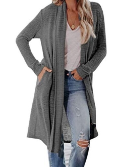 Womens Solid Casual Cozy Knit Open Front Long Cardigan Sweater