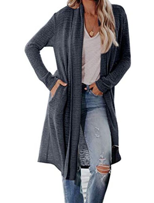 Dokotoo Womens Solid Casual Cozy Knit Open Front Long Cardigan Sweater