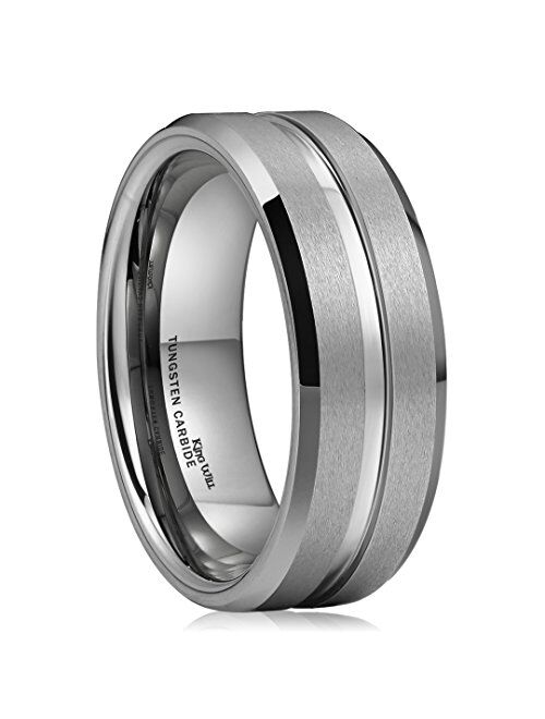 King Will Classic 8mm Tungsten Carbide Wedding Band Ring Polished Finish Grooved Center Comfort Fit Black/Silver/Gold