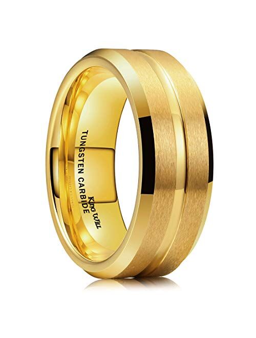 King Will Classic 8mm Tungsten Carbide Wedding Band Ring Polished Finish Grooved Center Comfort Fit Black/Silver/Gold