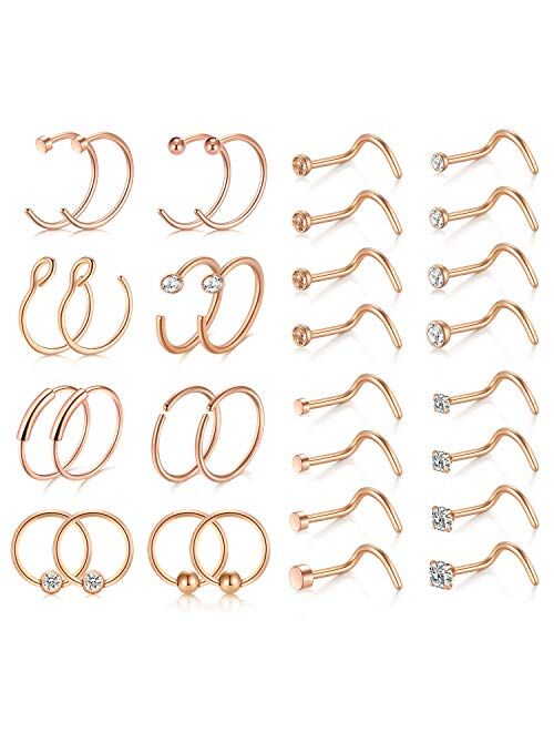 D.Bella 18G Nose Rings Hoop Stainless Steel L-Shaped Nose Rings Studs Screw Clear Clicker Retainer Tragus Cartilage Helix Earrings Piercing Hoop 32pcs