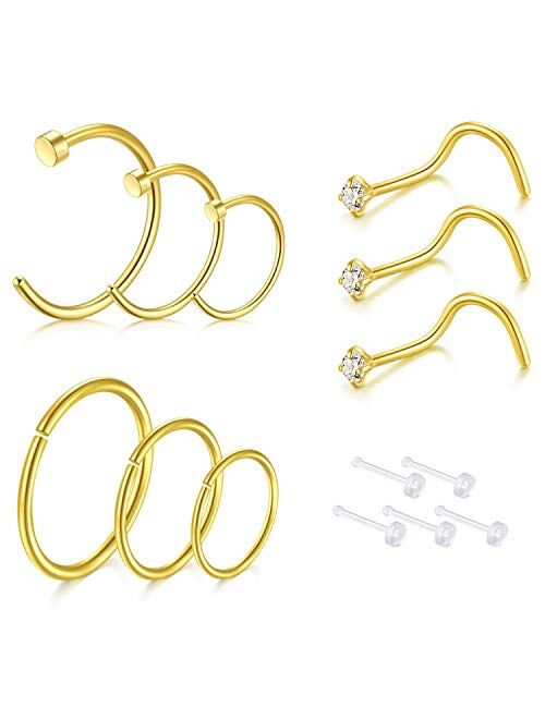 D.Bella 18G Nose Rings Hoop Stainless Steel L-Shaped Nose Rings Studs Screw Clear Clicker Retainer Tragus Cartilage Helix Earrings Piercing Hoop 32pcs