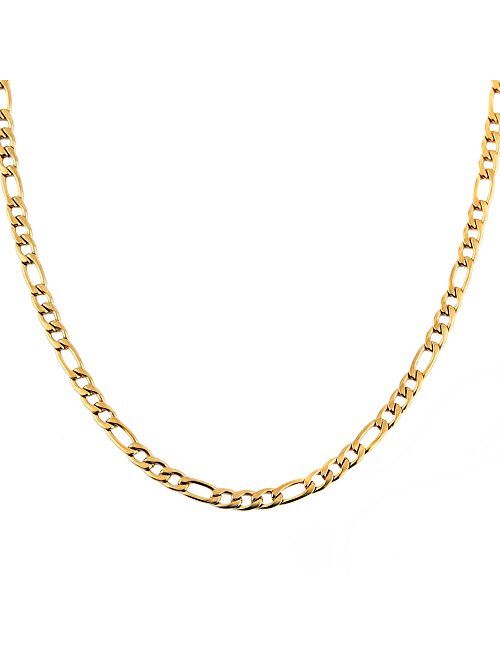 HZMAN Men Women 24k Real Gold Plated Figaro Chain Stainless Steel Necklace, Wide 5mm 7mm 9mm 13mm