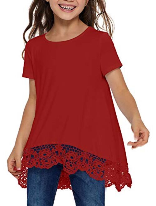 QUEEN PLUS Short/Long Sleeve Blouse for Girls Lace Round Neck Tops Casual Tee Shirts