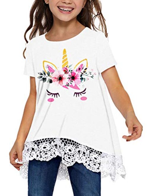 QUEEN PLUS Short/Long Sleeve Blouse for Girls Lace Round Neck Tops Casual Tee Shirts