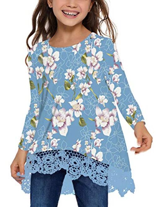 QUEEN PLUS Short/Long Sleeve Blouse for Girls Lace Round Neck Tops Casual Tee Shirts