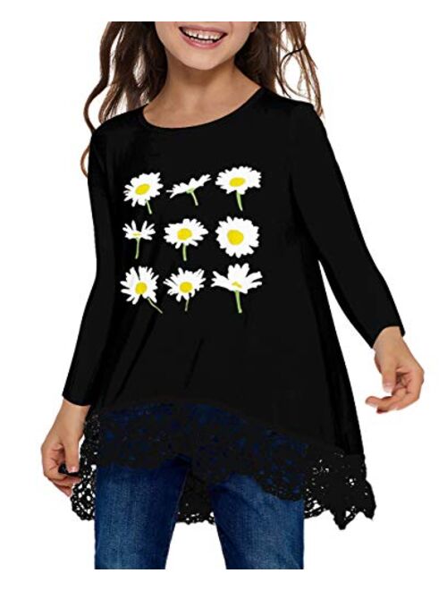 QUEEN PLUS Short/Long Sleeve Blouse for Girls Lace Round Neck Tops Casual Tee Shirts