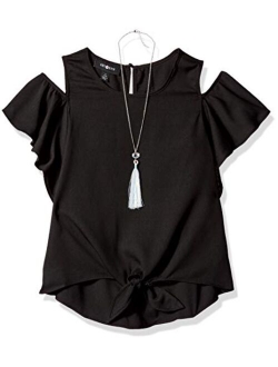 Girls' Flutter Sleeve Cold Shoulder Top with Necklace