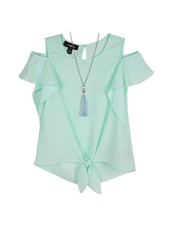 Girls' Flutter Sleeve Cold Shoulder Top with Necklace