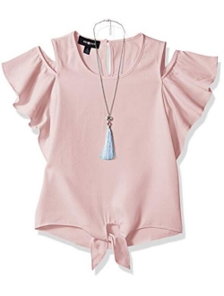 Girls' Flutter Sleeve Cold Shoulder Top with Necklace