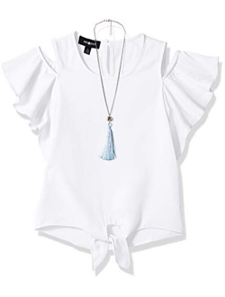 Girls' Flutter Sleeve Cold Shoulder Top with Necklace