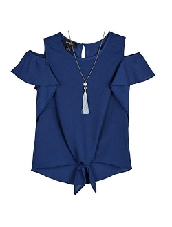 Girls' Flutter Sleeve Cold Shoulder Top with Necklace