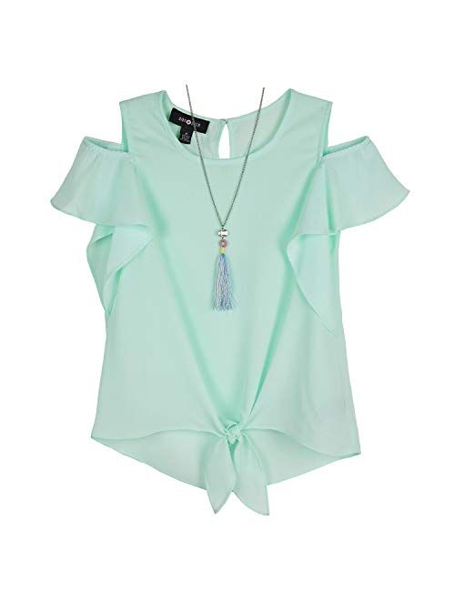 Amy Byer Girls' Flutter Sleeve Cold Shoulder Top with Necklace