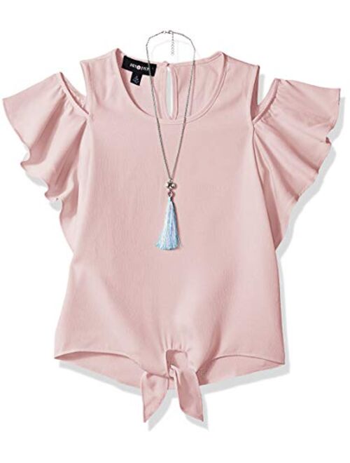 Amy Byer Girls' Flutter Sleeve Cold Shoulder Top with Necklace