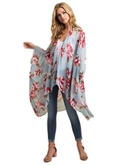 Zexxxy Women Floral Kimono Robe Sheer Chiffon Cardigan 3/4 Sleeve Cover Up Long Blouse Outwear