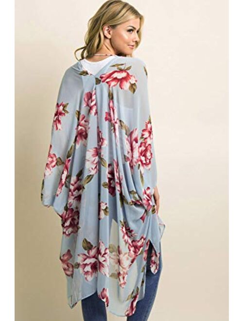 Zexxxy Women Floral Kimono Robe Sheer Chiffon Cardigan 3/4 Sleeve Cover Up Long Blouse Outwear