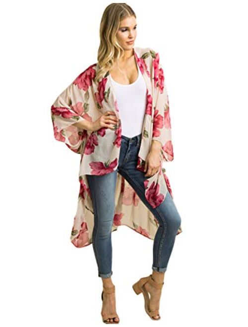 Zexxxy Women Floral Kimono Robe Sheer Chiffon Cardigan 3/4 Sleeve Cover Up Long Blouse Outwear