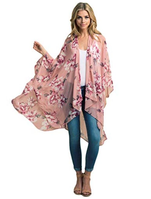 Zexxxy Women Floral Kimono Robe Sheer Chiffon Cardigan 3/4 Sleeve Cover Up Long Blouse Outwear