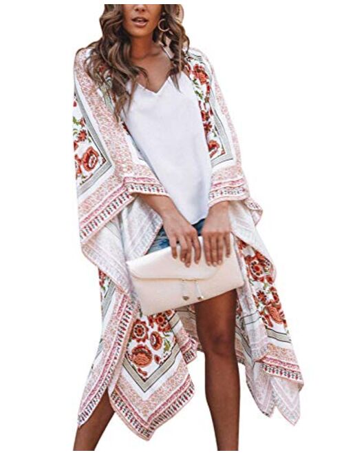 Zexxxy Women Floral Kimono Robe Sheer Chiffon Cardigan 3/4 Sleeve Cover Up Long Blouse Outwear