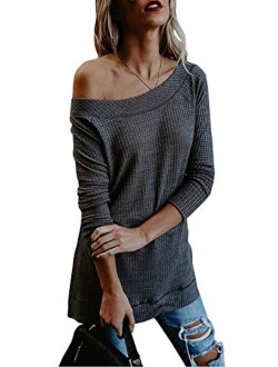 Kaei&Shi Side Silt One Shoulder,Slouchy Long Sweatshirt,Loose Pullover,Off Shoulder Tops for Women,Knitted Sweater