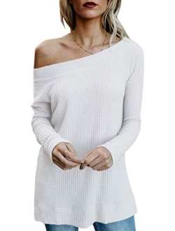 Kaei&Shi Side Silt One Shoulder,Slouchy Long Sweatshirt,Loose Pullover,Off Shoulder Tops for Women,Knitted Sweater