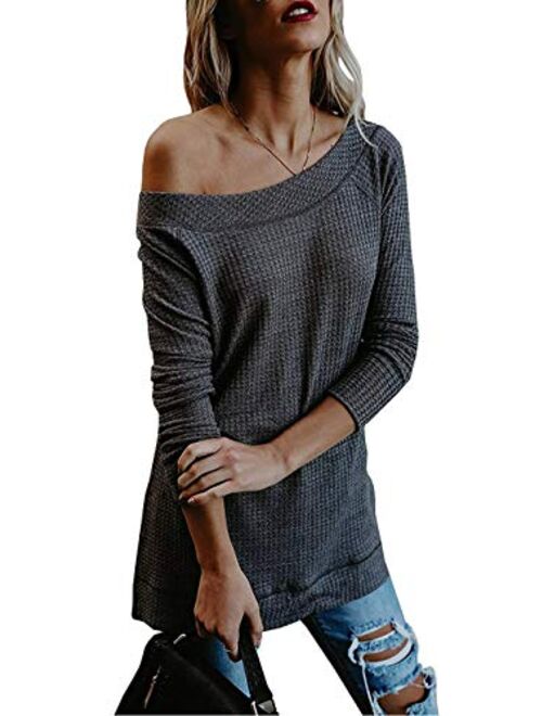 Kaei&Shi Side Silt One Shoulder,Slouchy Long Sweatshirt,Loose Pullover,Off Shoulder Tops for Women,Knitted Sweater