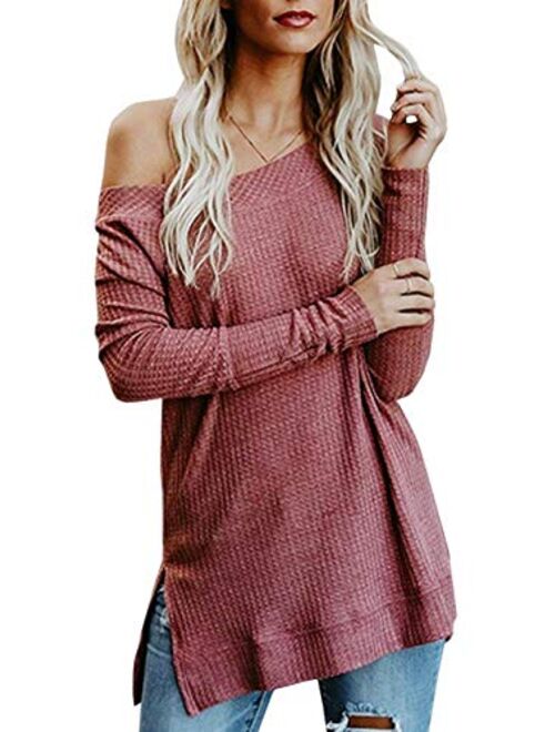 Kaei&Shi Side Silt One Shoulder,Slouchy Long Sweatshirt,Loose Pullover,Off Shoulder Tops for Women,Knitted Sweater