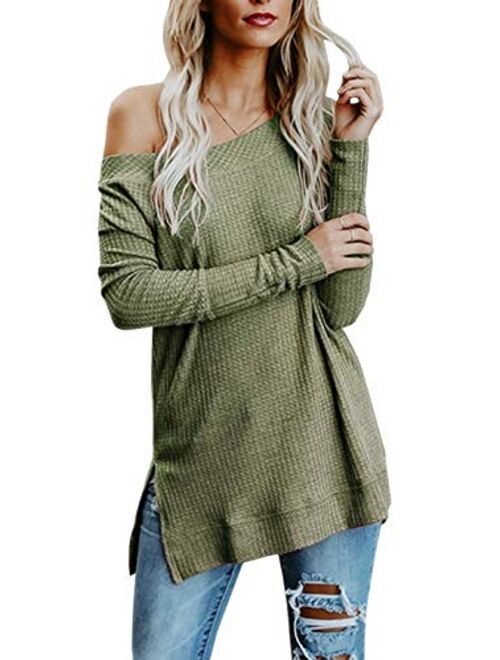 Kaei&Shi Side Silt One Shoulder,Slouchy Long Sweatshirt,Loose Pullover,Off Shoulder Tops for Women,Knitted Sweater