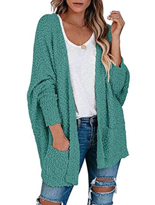 TECREW Women's Fuzzy Popcorn Cardigan Batwing Sleeve Open Front Chunky Pockets Sweater Outwear