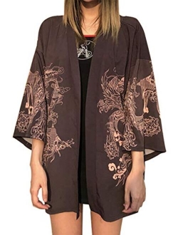 Women's 3/4 Sleeve Japanese Shawl Kimono Cardigan Tops Cover up OneSize US S-XL