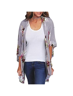 Zando Womens Floral Print Kimono Beach Cover Up Loose Open Front Tops Cardigan Half Sleeve Chiffon Shawls and Wraps