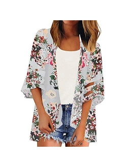 Zando Womens Floral Print Kimono Beach Cover Up Loose Open Front Tops Cardigan Half Sleeve Chiffon Shawls and Wraps