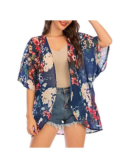 Zando Womens Floral Print Kimono Beach Cover Up Loose Open Front Tops Cardigan Half Sleeve Chiffon Shawls and Wraps