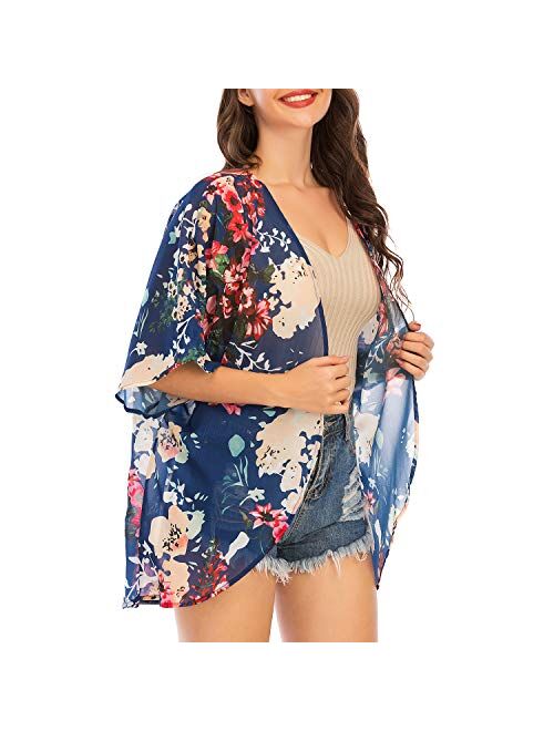 Zando Womens Floral Print Kimono Beach Cover Up Loose Open Front Tops Cardigan Half Sleeve Chiffon Shawls and Wraps