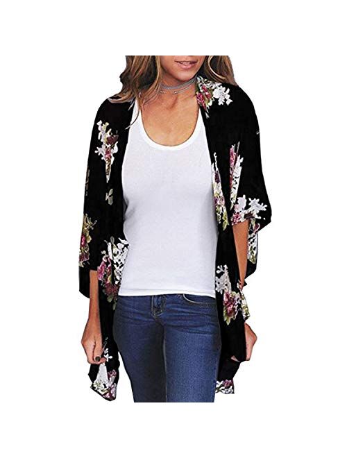 Zando Womens Floral Print Kimono Beach Cover Up Loose Open Front Tops Cardigan Half Sleeve Chiffon Shawls and Wraps